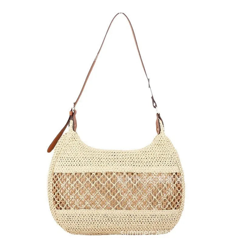 Women's casual straw cross body bag with horizontal square shape and sandwich pocket