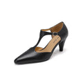 Brown retro women's sandals with a T-strap buckle and a block heel.