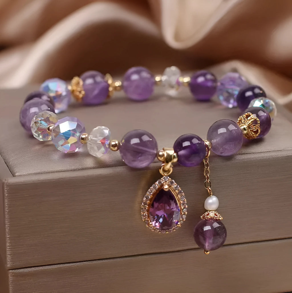 Natural purple amethyst crystal bracelet for women with micro inlay stone setting
