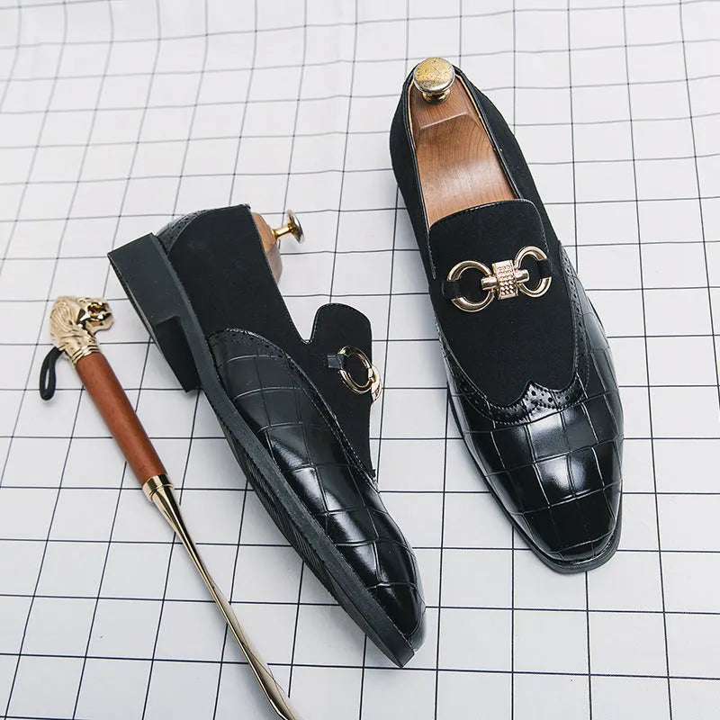 Men's black Korean style business casual shoes with pointed toe and sewing line details