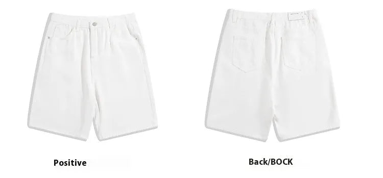 Men's straight-leg denim shorts in light blue, white, black and grey colours showing mid waist design