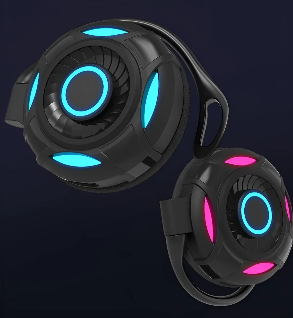 Black wireless Bluetooth earphones with hanging ear design showing USB charging port