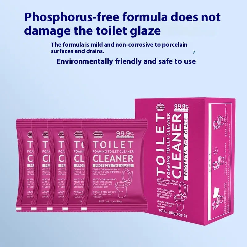 Toilet bubble powder in blue ocean or pink floral scent, in a large bag or box of 5 sachets, for descaling and anti-blocking.