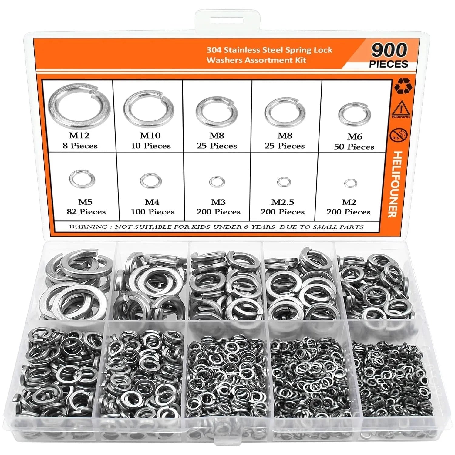 304 stainless steel spring lock washer combination box containing 900 assorted pieces
