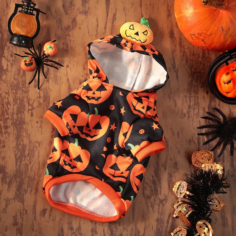 Crystal velvet pet Halloween costume showing pumpkin skirt and sweater options for small dogs and cats