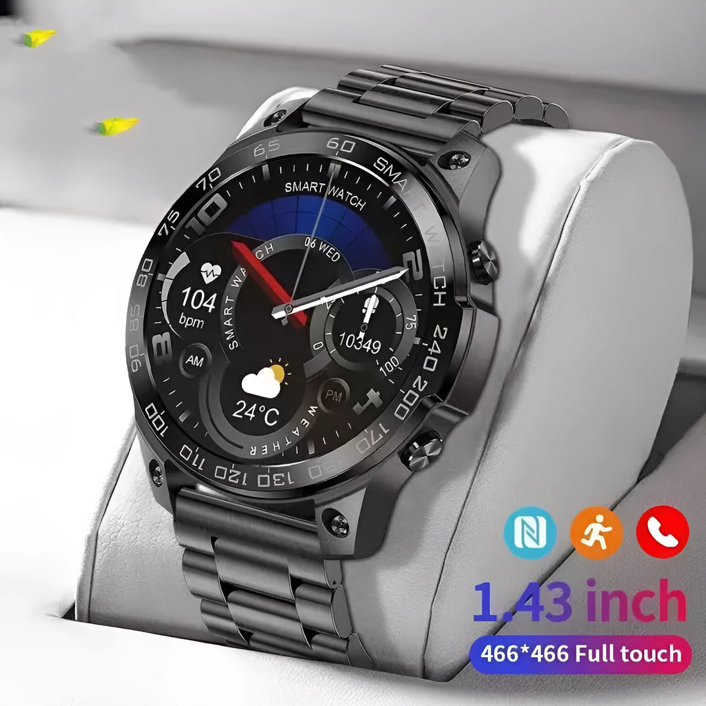 Black Bluetooth sports watch with round AMOLED screen and silicone strap on wrist