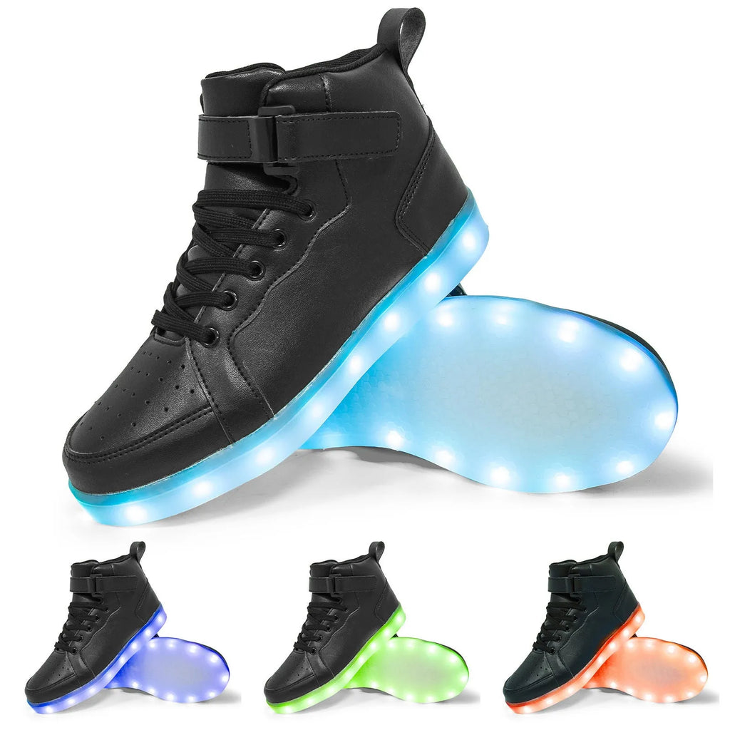 A pair of black high-top LED light-up board shoes with a Velcro strap, showing the illuminated soles.