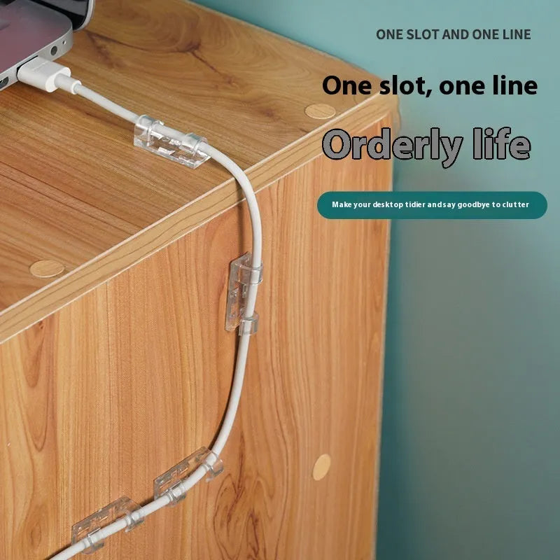 Transparent self-adhesive plastic cable clips in four sizes for wire organisation