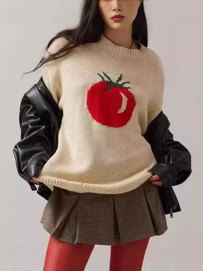Women's loose-fitting acrylic jacquard knit sweater with round neck and long sleeves