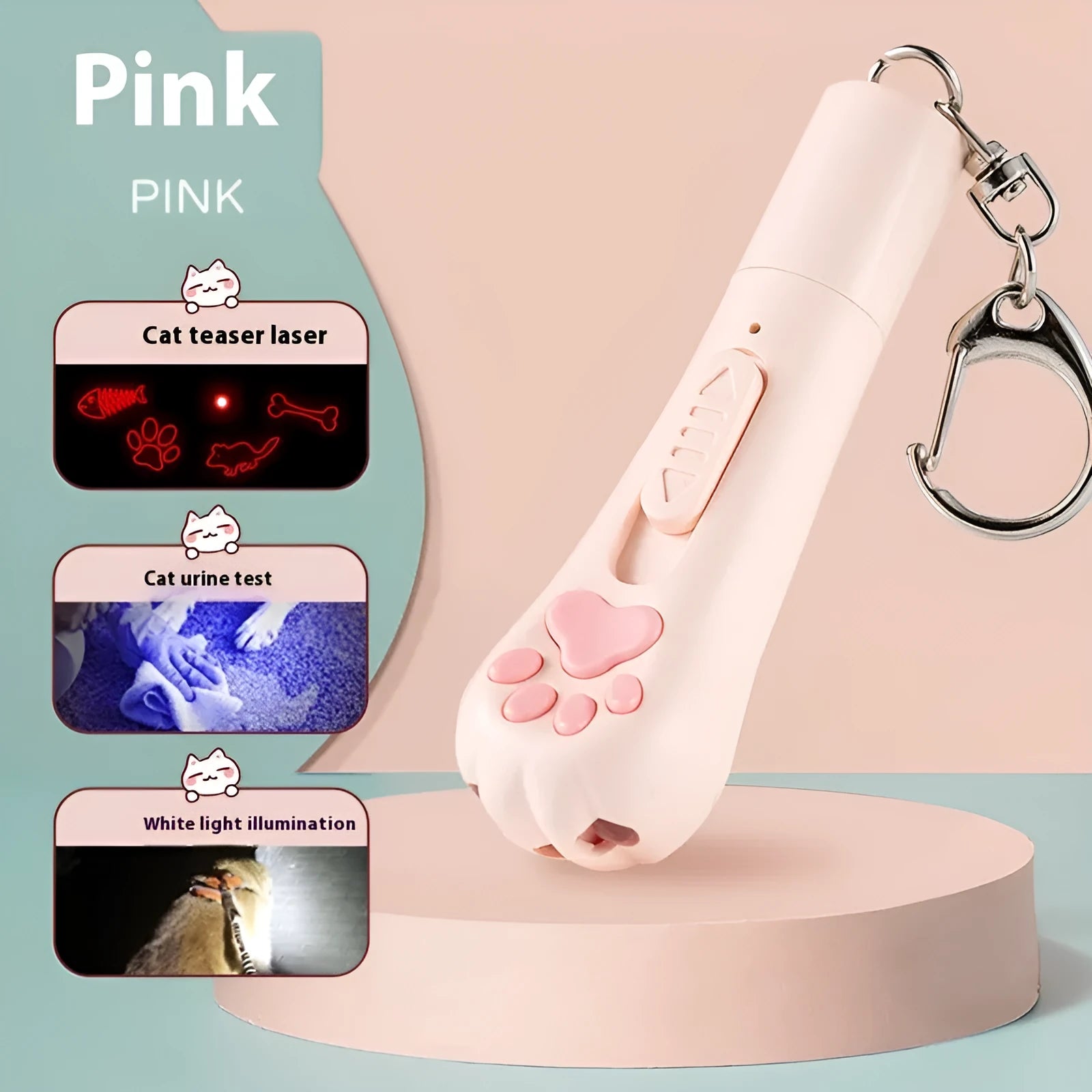 Cat teaser toy with built-in laser pointer in cream white, pink, or blue colour options