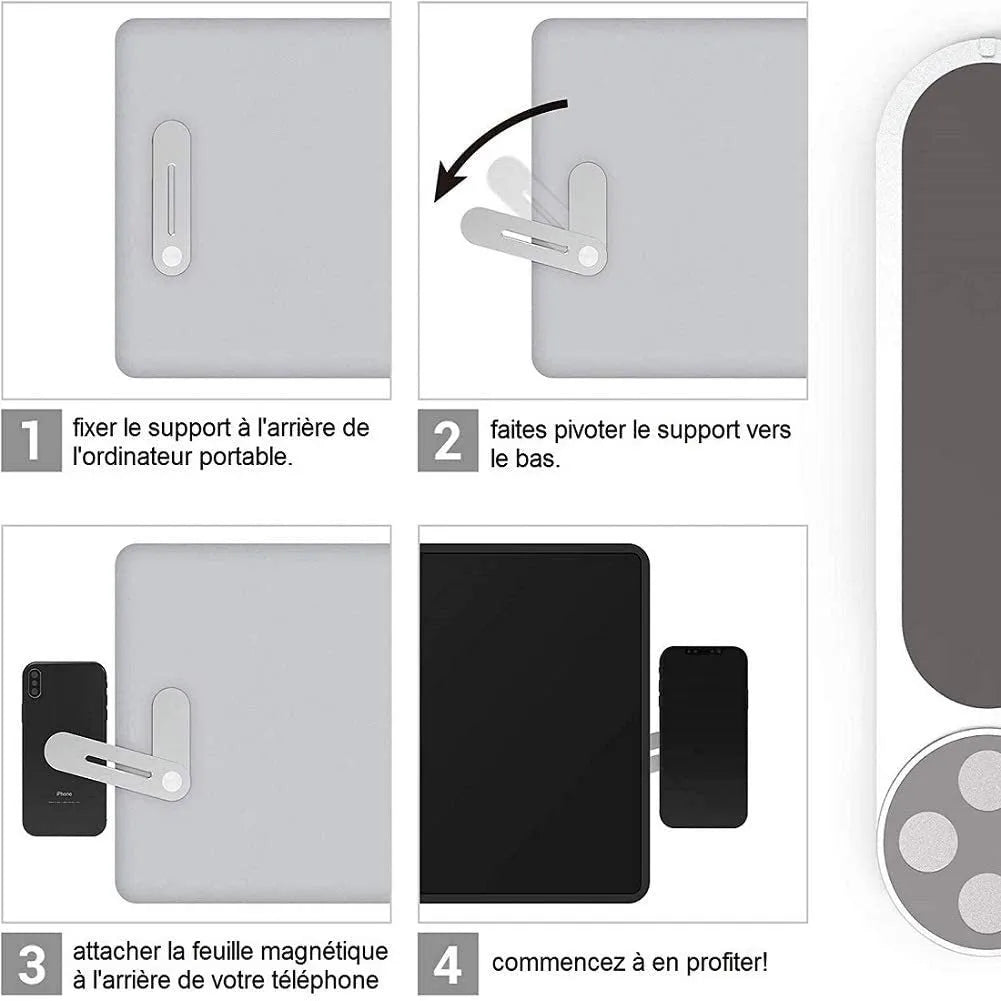 Silver aluminium laptop side mount bracket holding a smartphone beside a laptop screen.