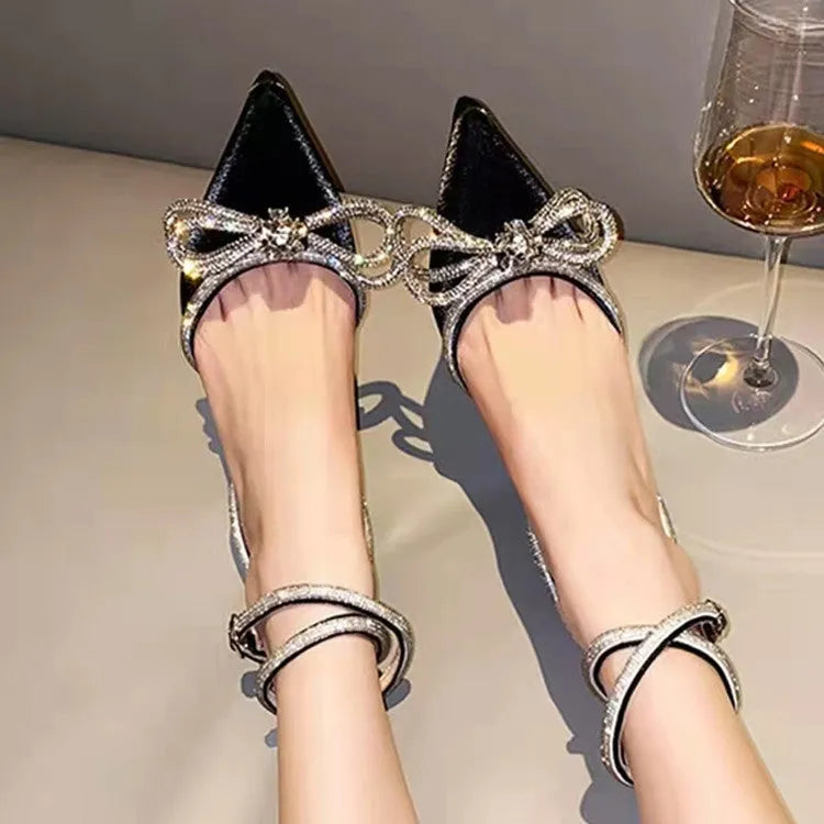 Women's black stiletto sandals with silk bandage back and silver buckle on instep