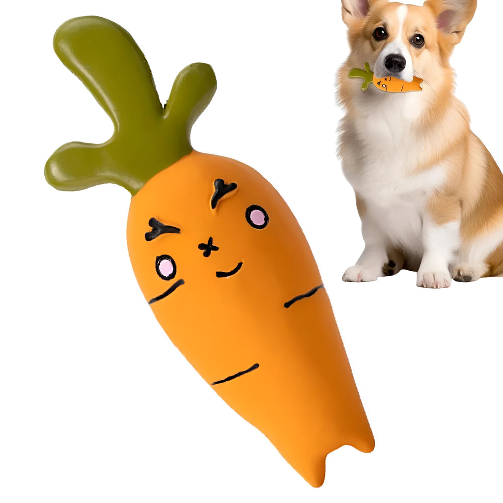 Latex vegetable dog chew toy in cartoon onion and eggplant shapes, green orange purple colours