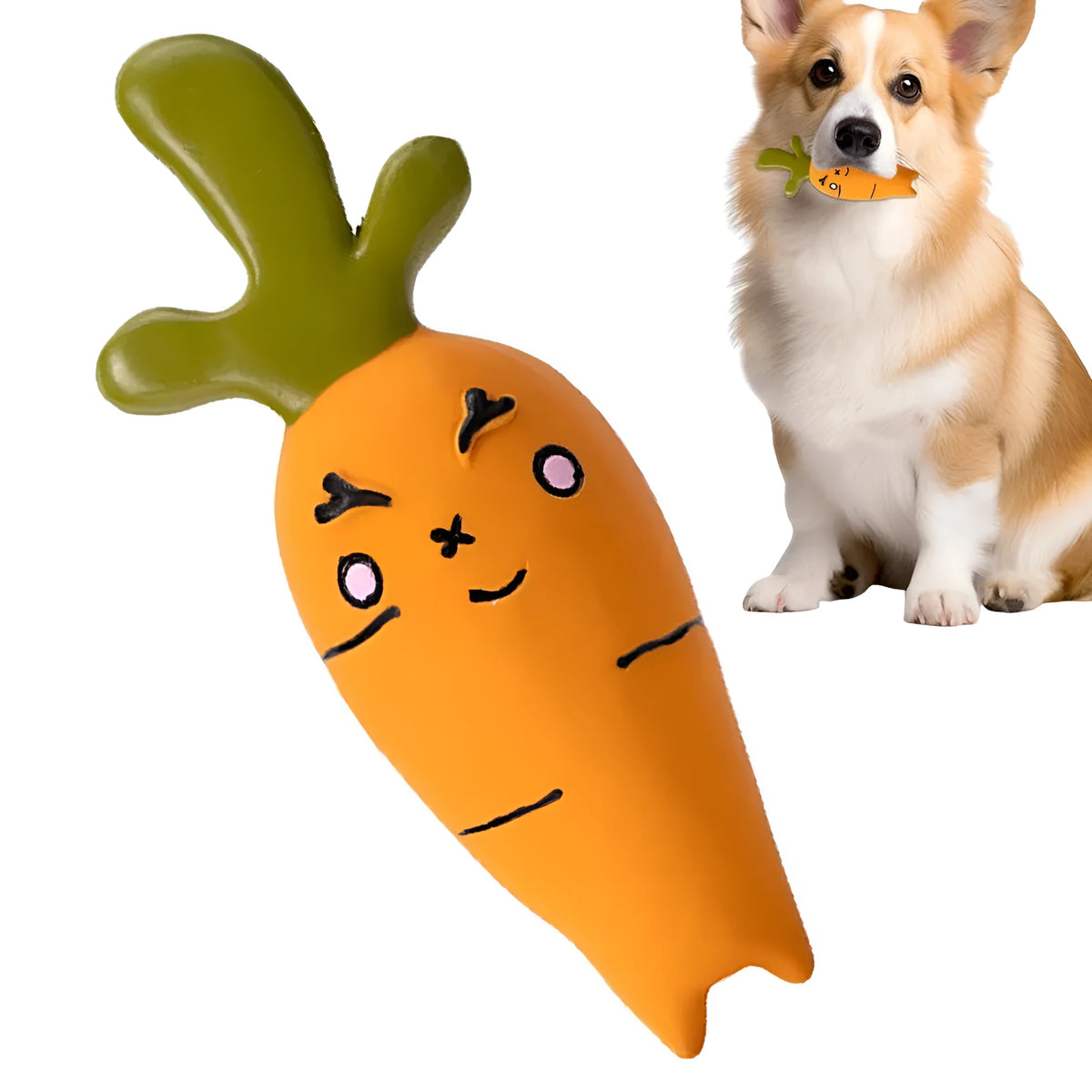 Latex vegetable dog chew toy in cartoon onion and eggplant shapes, green orange purple colours