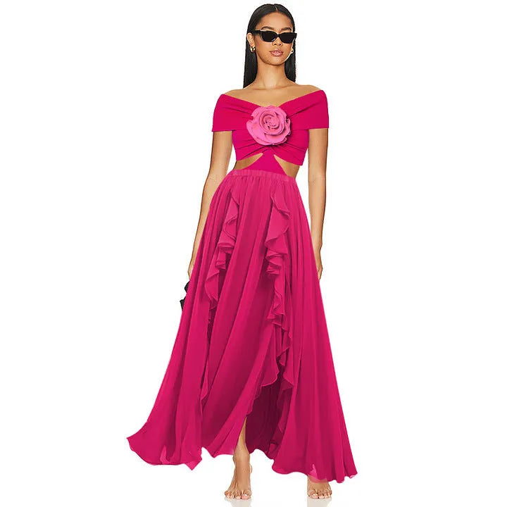 Women's one-piece swimsuit with hollow-out flower pattern and a matching skirt on a hanger.