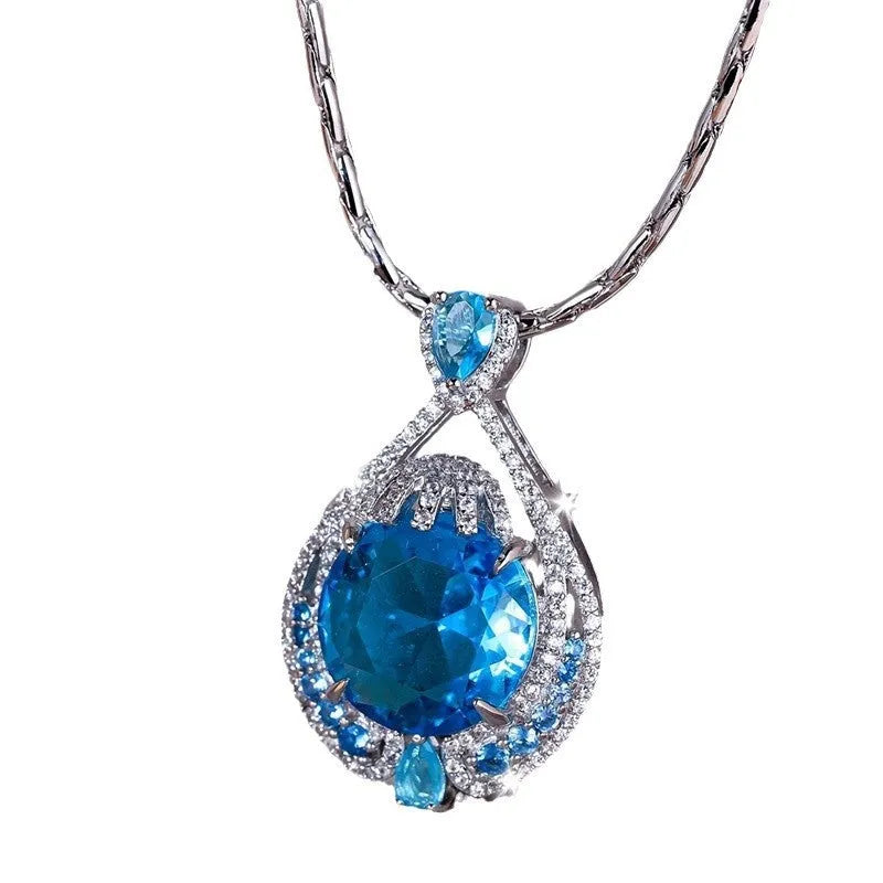 Blue crystal fireworks cut geometric pendant necklace on water wave chain for women