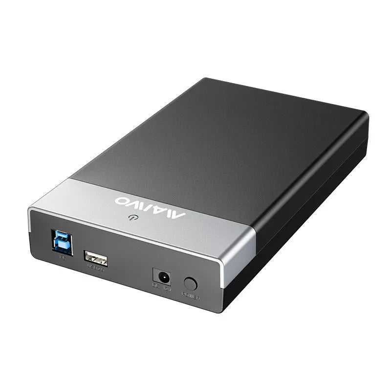 3.5 inch USB 3.0 SATA hard disk box with power supply and cable for 14TB drives in black silver colour