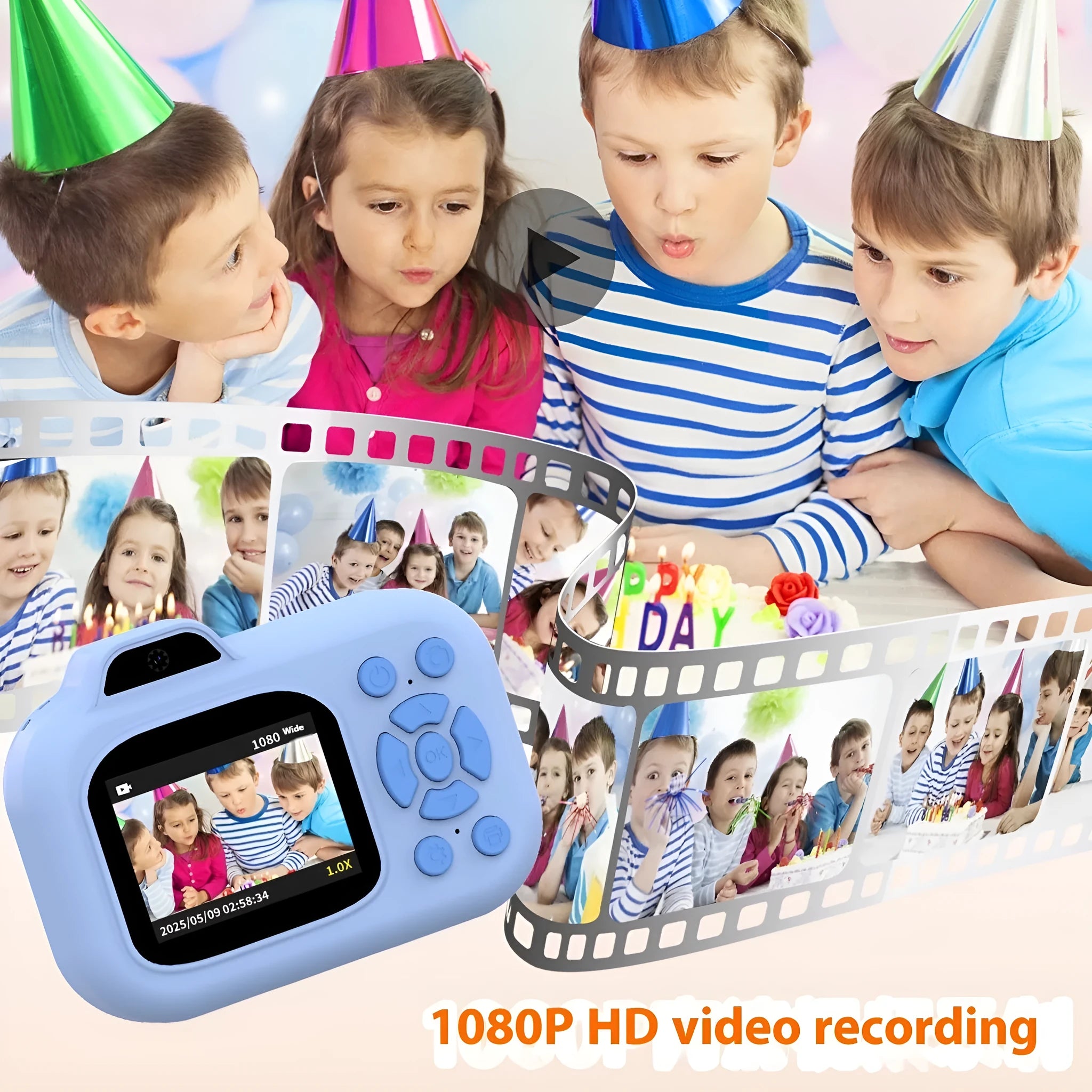Children's plastic digital camera in blue, pink or purple with video recording and game functions