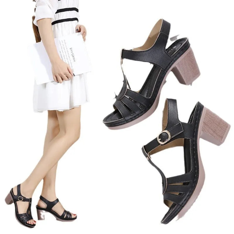 Women's patent leather high heel sandals with a metal buckle and thick heel in apricot colour.