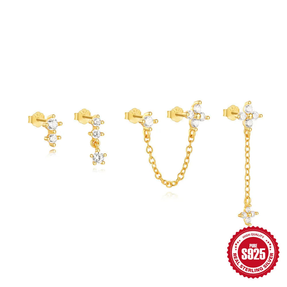 S925 sterling silver women's earrings with a geometric clover petal design in an electroplated gold colour.
