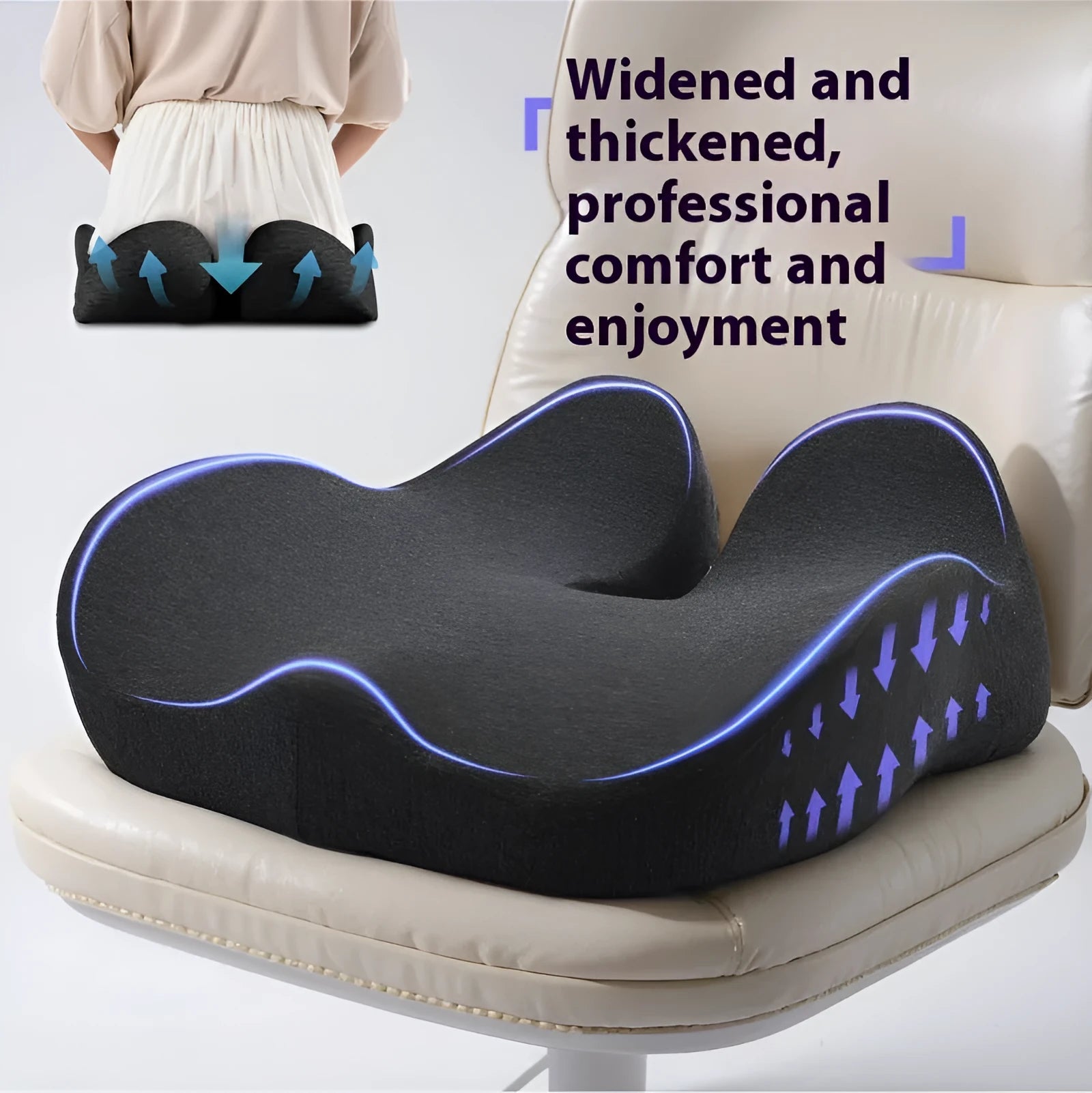Office memory foam chair cushion in light grey colour showing 12cm thickness and 46x43cm dimensions