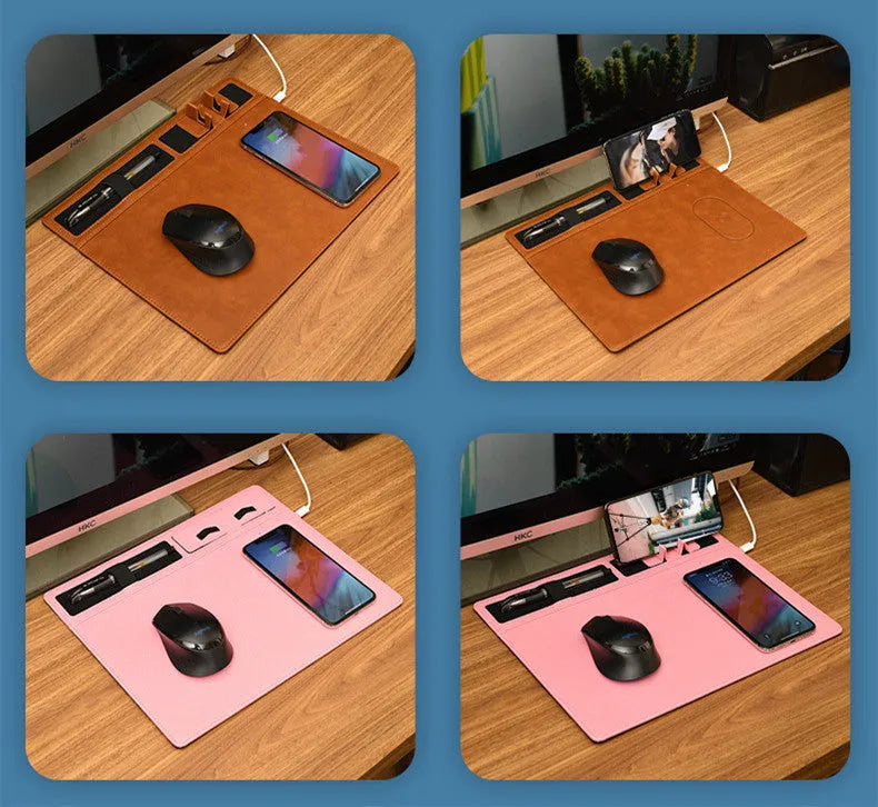 Wireless charging mouse pad with phone holder in black PU material showing 10W charging zone and USB cable