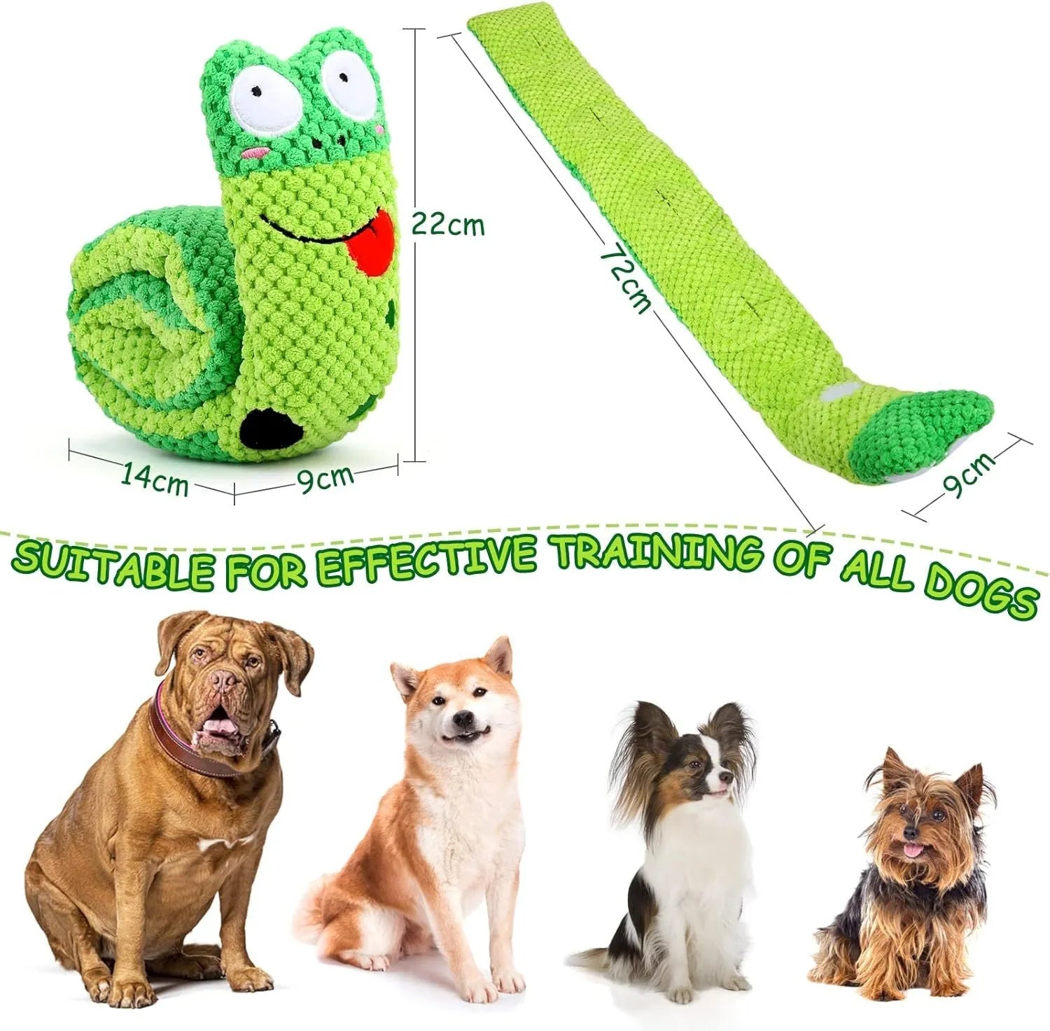 Thick velvet dog puzzle toy that transforms between snail and stick shapes with hidden food holes