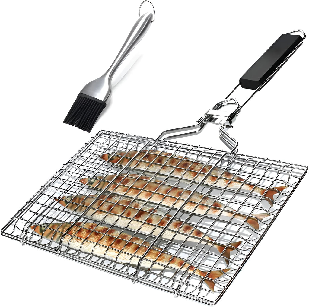 Square stainless steel folding barbecue mesh basket with cleaning brush