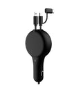 Retractable car charger with extended cables showing three charging heads in black or red colour