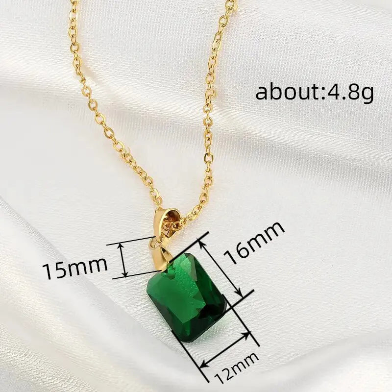 Copper rectangular geometric pendant necklace with O-ring chain in green colour.