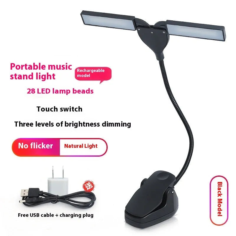 Black music stand light with 28 LEDs mounted on music stand illuminating sheet music