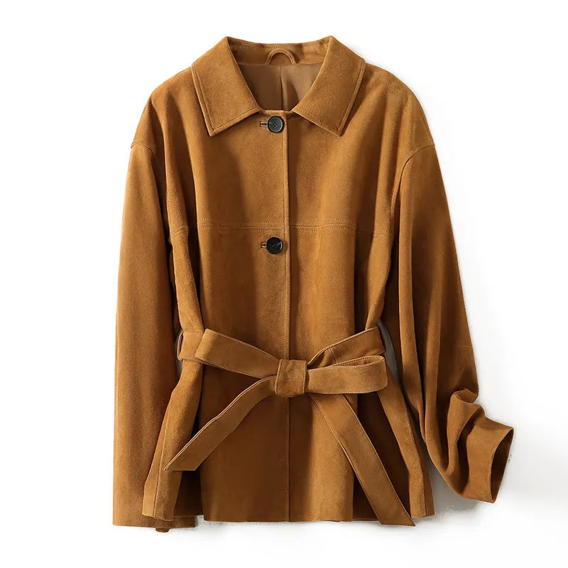 French retro cashmere coat with Peter Pan collar and belt in yellow brown colour
