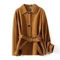 French retro cashmere coat with Peter Pan collar and belt in yellow brown colour