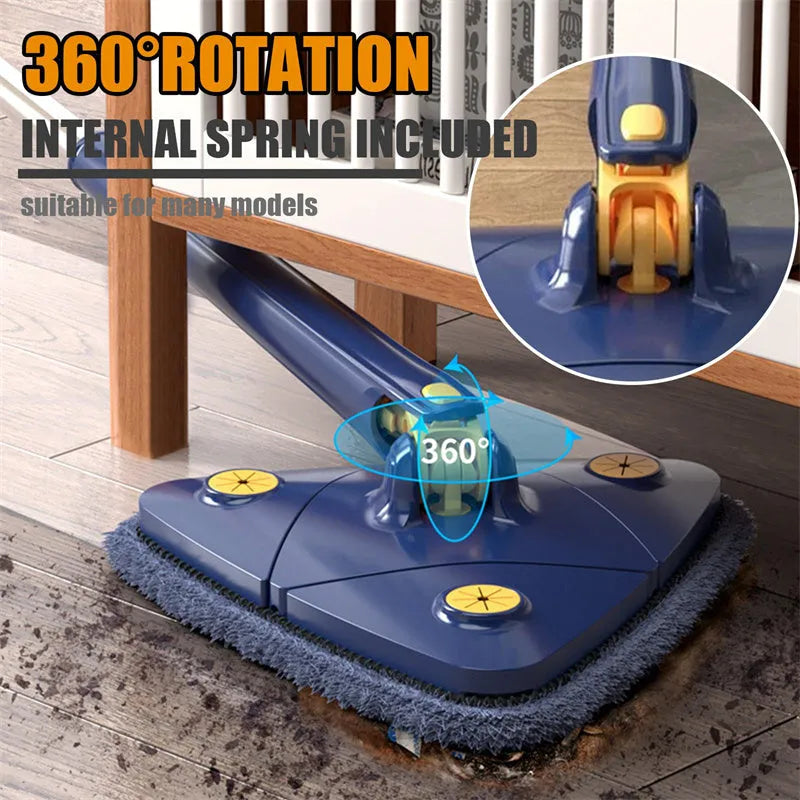 Blue triangle cleaning mop with extendable pole rotating to clean wall corners