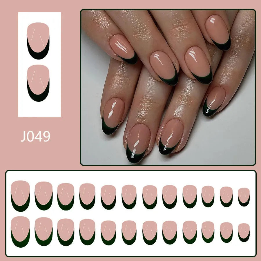 24 artificial press-on nails showing short almond shape with matte black French manicure design