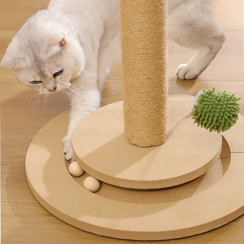 Canna coloured cat climbing frame with a chamfered hemp rope column on a density board base.