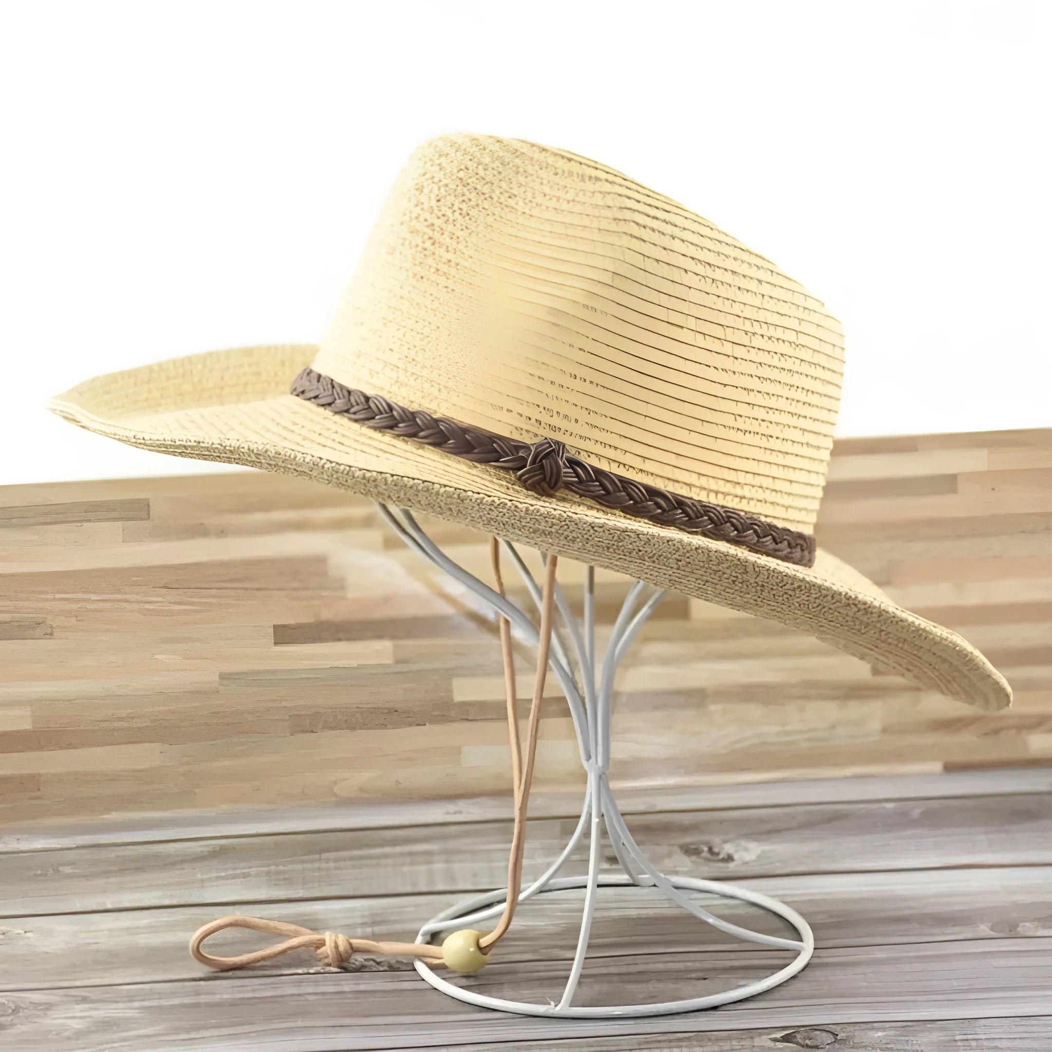 Men's foldable wide brim straw sun hat in beige, shown in a travel context.