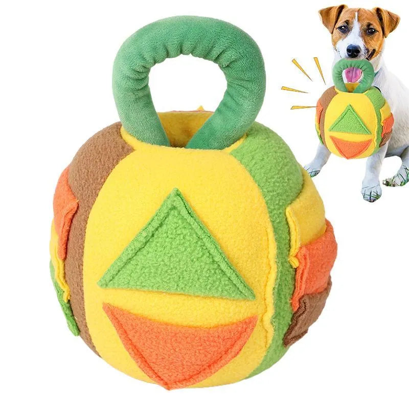 Pink and green squeaky plush ball dog toy with treat pockets for small to medium breed dogs