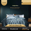 Silk bed linen four-piece set in solid colour showing quilt cover and matching sheets