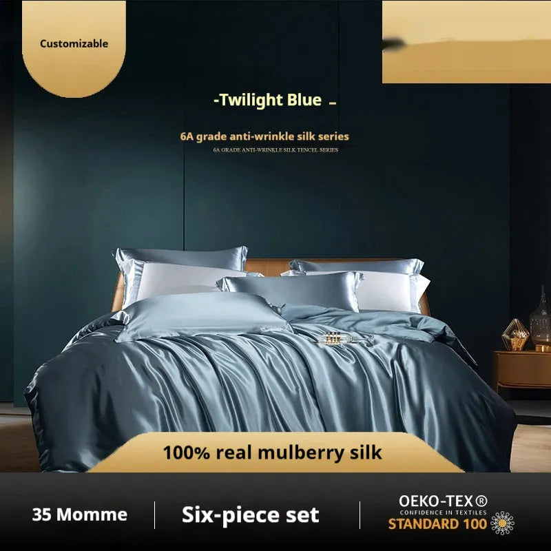 Silk bed linen four-piece set in solid colour showing quilt cover and matching sheets