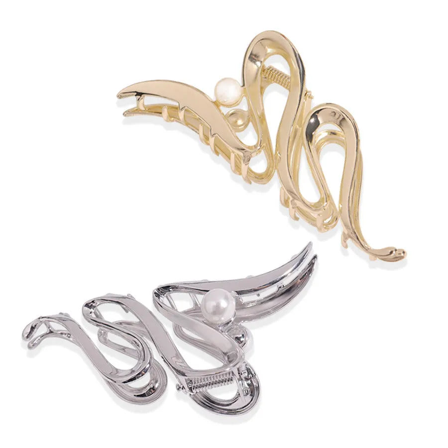 Silver electroplated metal hair claw barrette in a Korean-style design on white background