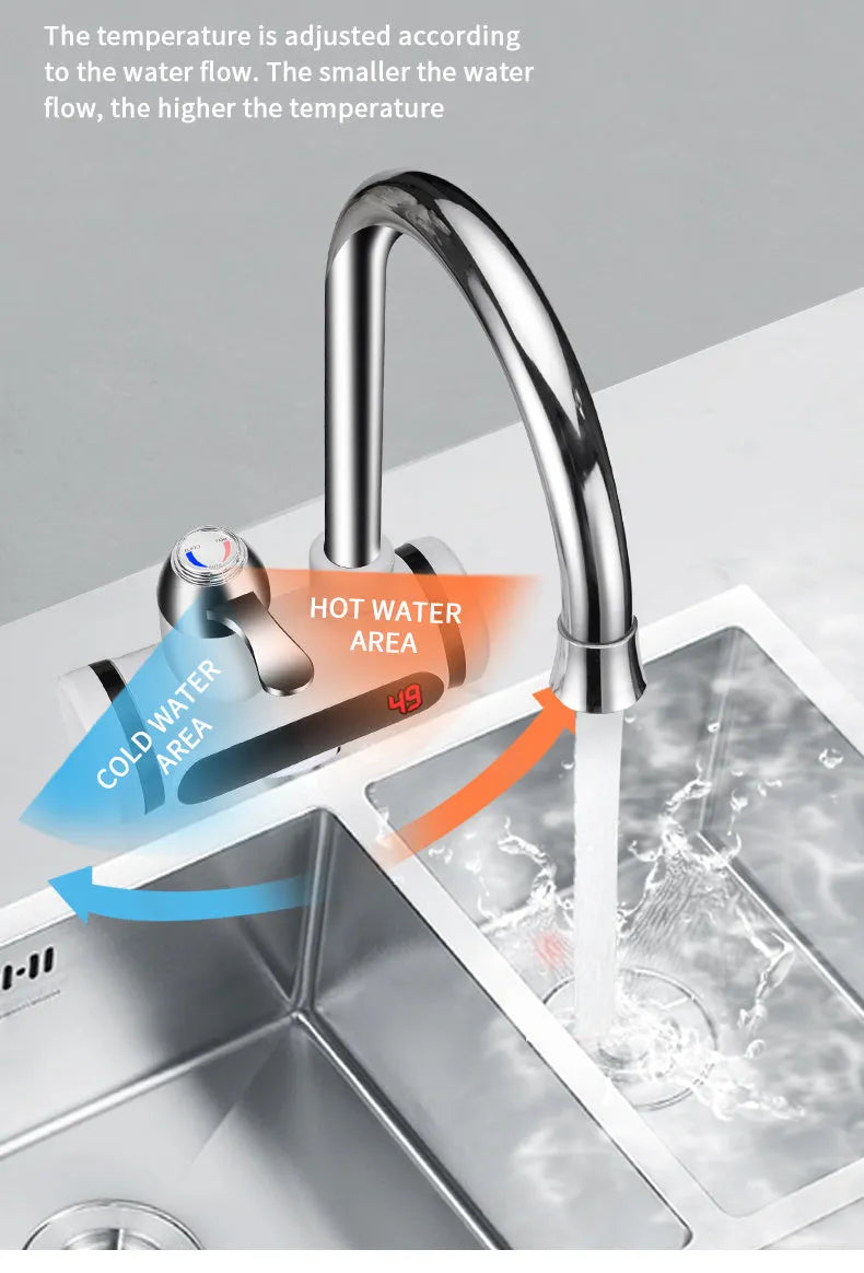 White electric water heater tap with digital temperature display showing instant hot water capability