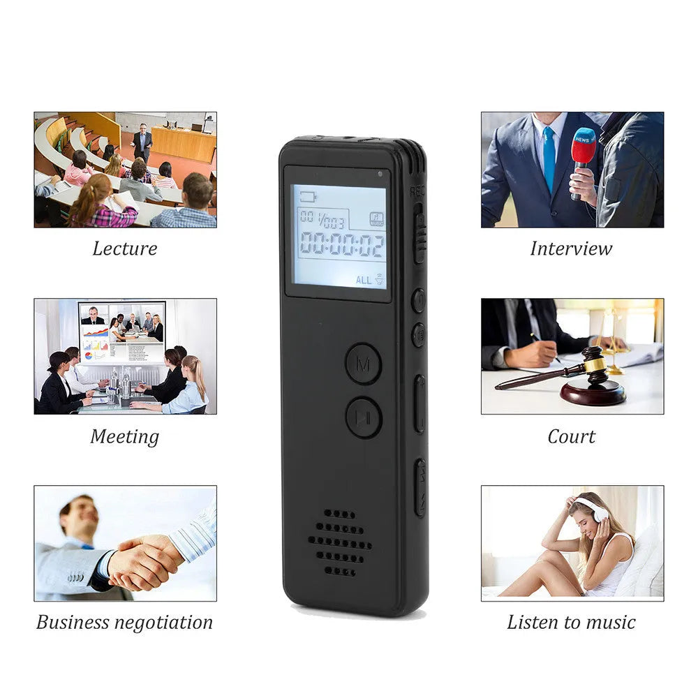 Black MP3 digital voice recorder with screen, showing compact size of 88mm by 33mm.