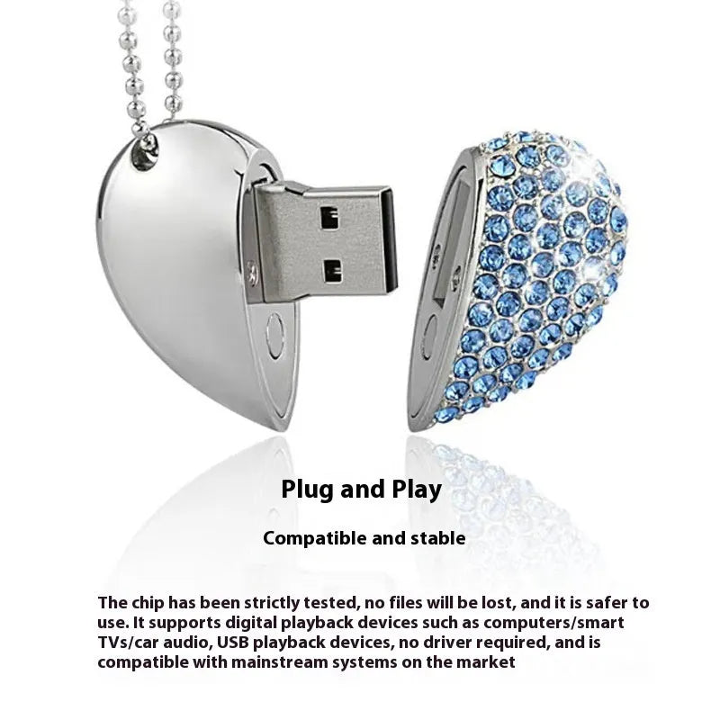 Heart-shaped USB flash drive with a brick-inlaid pattern on a metal shell, shown in multiple colour options.