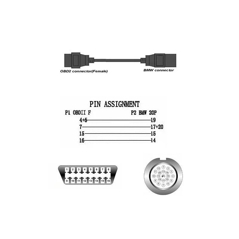 BMW 20-pin to standard 16-pin OBD2 diagnostic adapter cable on a white background.