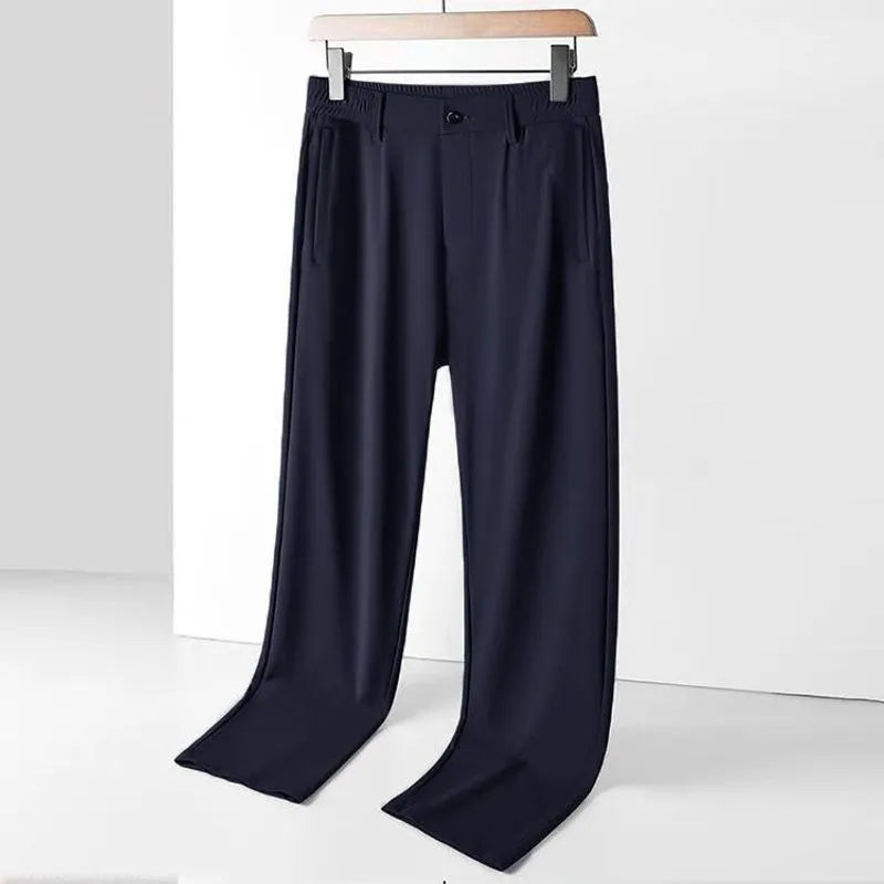 Men's straight-leg ice silk trousers in black colour with elastic waistband for casual wear