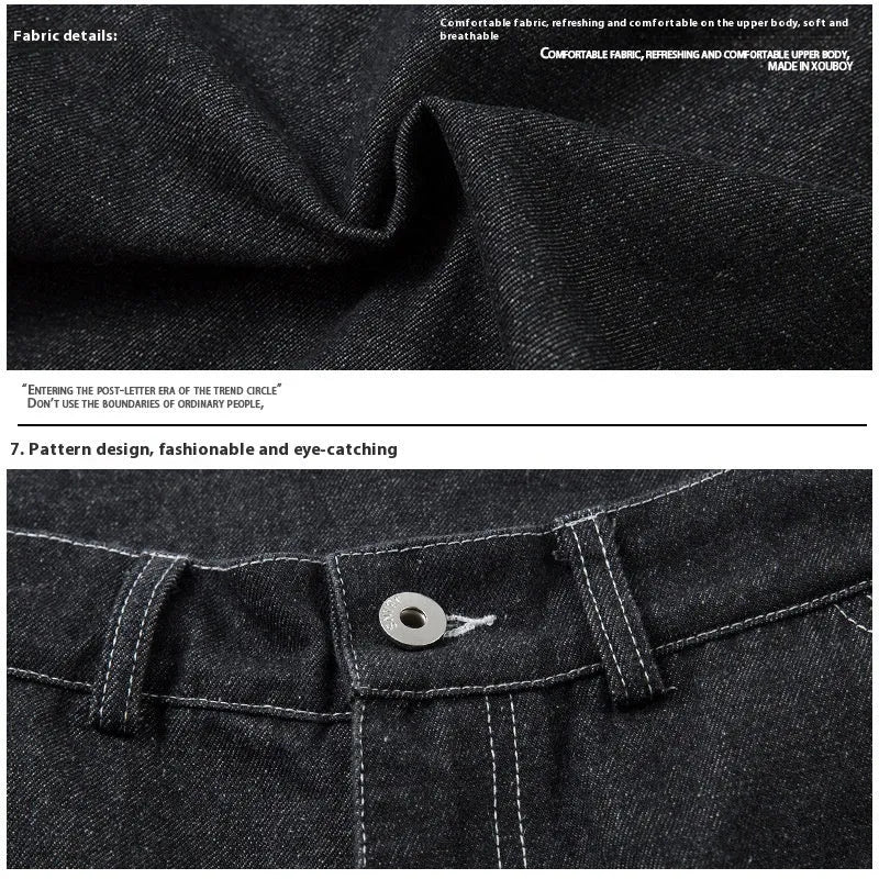 Black multi-pocket pleated workwear jeans in cotton denim fabric with zip fly closure