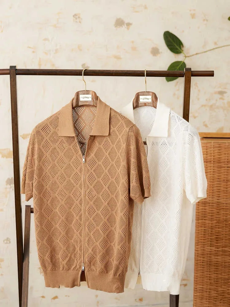 Men's light brown cotton zip-front cardigan with short sleeves and lapel collar on white background