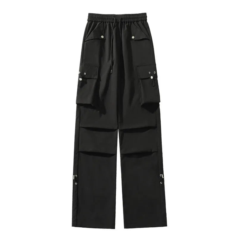 Plus size straight-leg waterproof trousers in black, grey, or white, showing drawstring waist and thin polyester fabric.