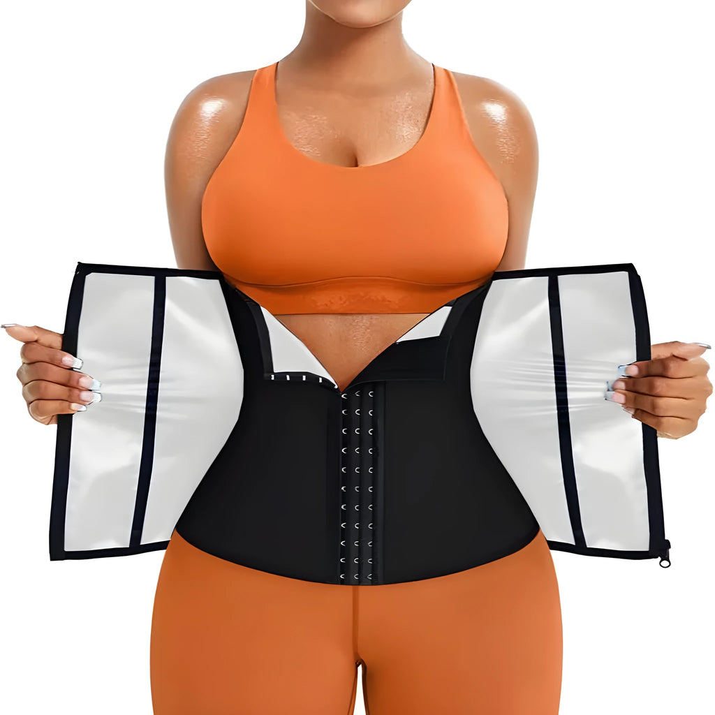 Blue and silver neoprene adjustable belly band for waist shaping and abdominal support.